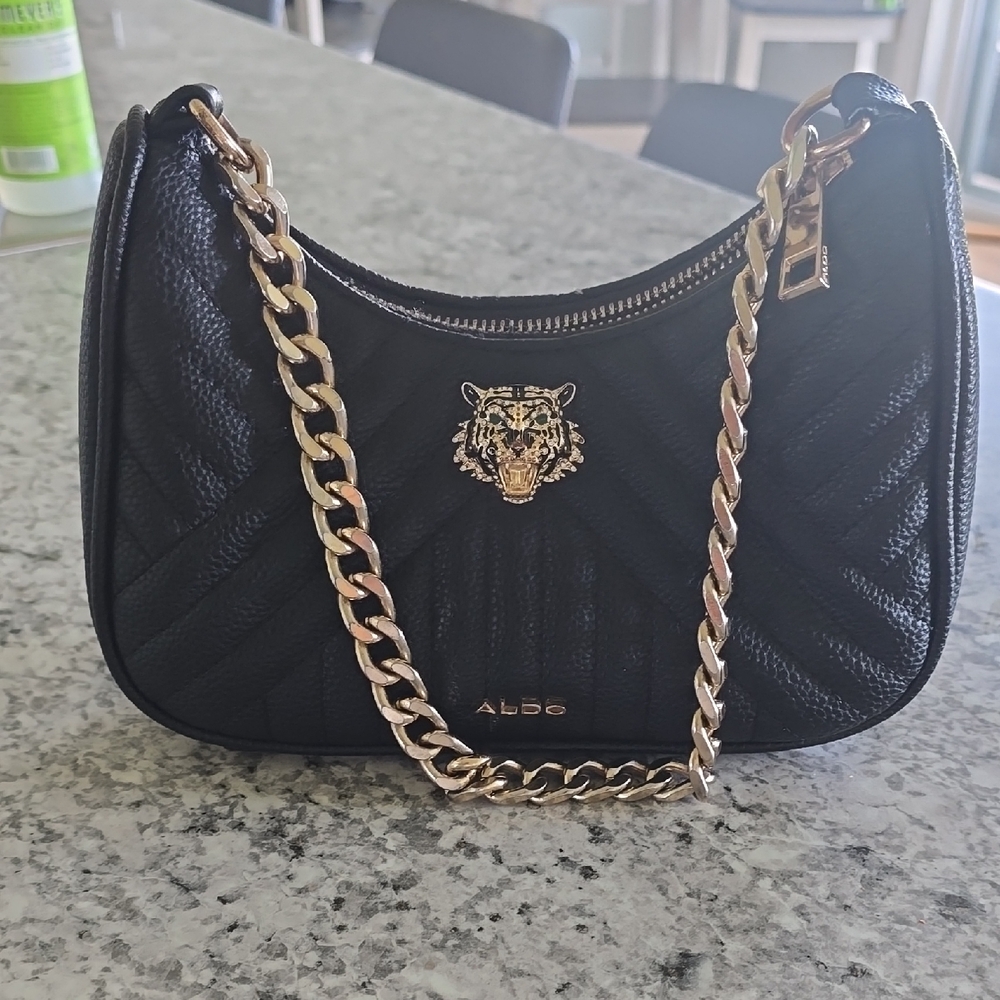 Aldo Black Quilted Shoulder Bag with Gold Chain